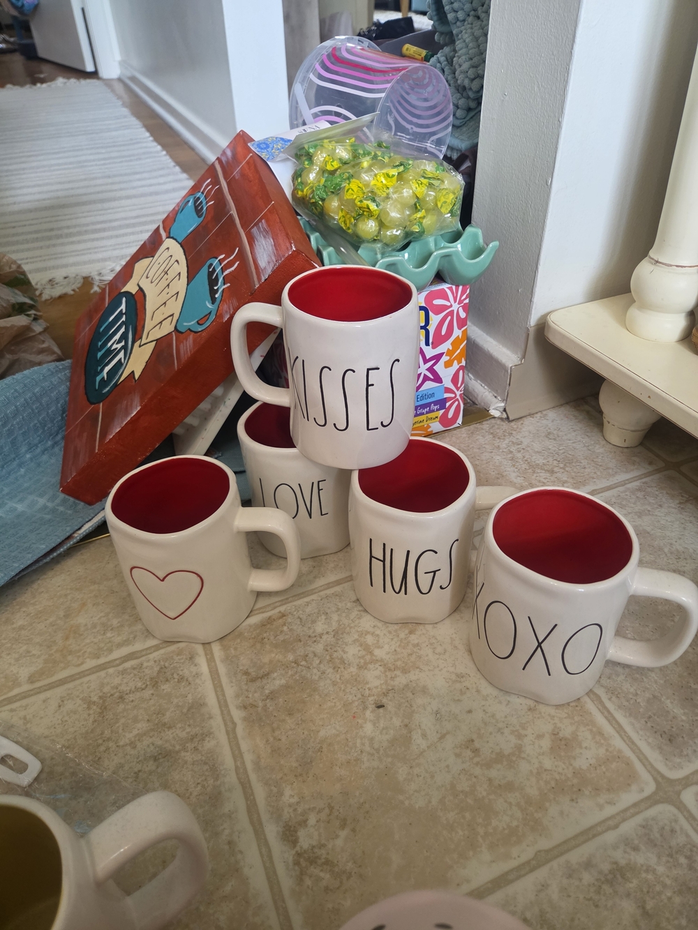 Rae Dunn White Mugs with Red Interior - 'KISSES' 'HUGS' 'XOXO' Set